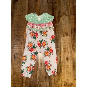 Matilda Jane Girls Floral Polka Dot Ruffle Romper 18-24M Green Pink Cream